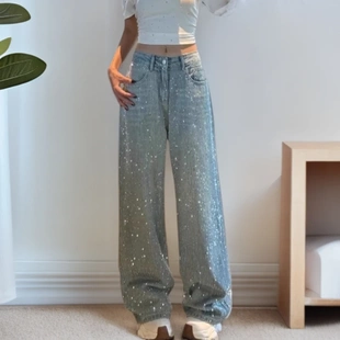 女高腰显瘦阔腿裤 2025夏季 满天星重工烫钻牛仔裤 流行新款 复古时尚