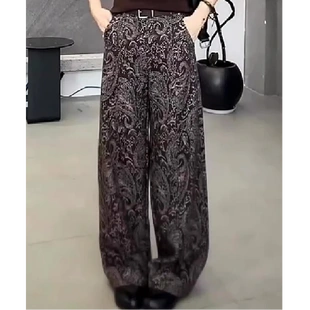 高腰显瘦港风洋气直筒裤 复古休闲咖色收腹印花阔腿裤 新款 2026春季