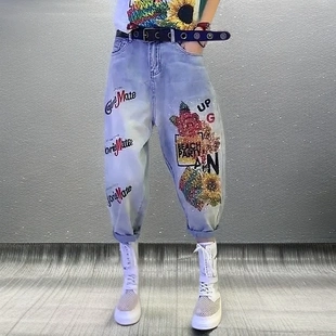 2025夏季 流行新款 爆款 小众百搭刺绣镶钻松紧腰印花哈伦九分牛仔裤