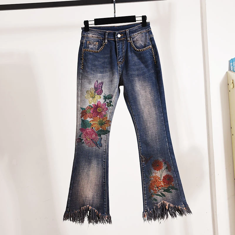 高腰显瘦弹力流苏牛仔九分裤女