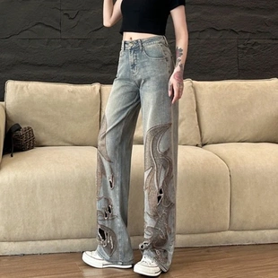 复古蓝高腰破洞阔腿牛仔裤 女2025夏季 新款 重工刺绣设计拖地直筒裤