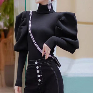 女装 新款 百搭衬衫 2025春季 后拉链式 上衣纯色圆领时尚 韩版 泡泡袖