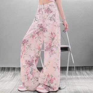 女高腰显瘦直筒阔腿长裤 2025夏季 小众粉色印花牛仔裤 流行新款 爆款