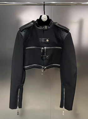 黑色短款设计感小众美式复古港风chic定制面料垫肩夹克外套女