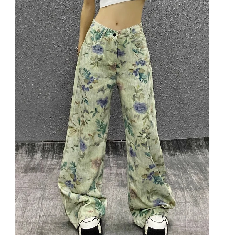 2025夏季新款复古休闲花朵印花彩绘水洗牛仔裤女百搭直筒阔腿长裤