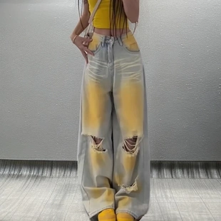 女设计感宽松阔腿裤 2025夏季 小众做旧高腰直筒牛仔裤 流行新款 爆款