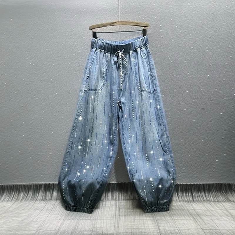松紧腰显瘦钉珠烫钻休闲束脚灯笼