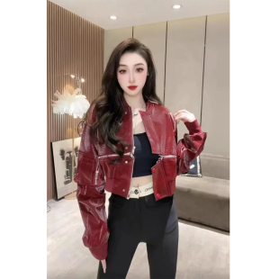 欧货时髦显白漆皮亮面独特横拉链PU皮衣夹克外套女春季 机车服 新款