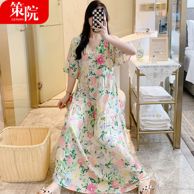 绵绸短袖睡衣女加长款家居服夏季薄款碎花连衣裙人造棉可外穿长裙
