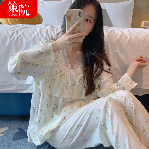 夏季甜美防凸点荷叶边人造棉家居服长袖甜美棉绸女士睡衣套装绵绸