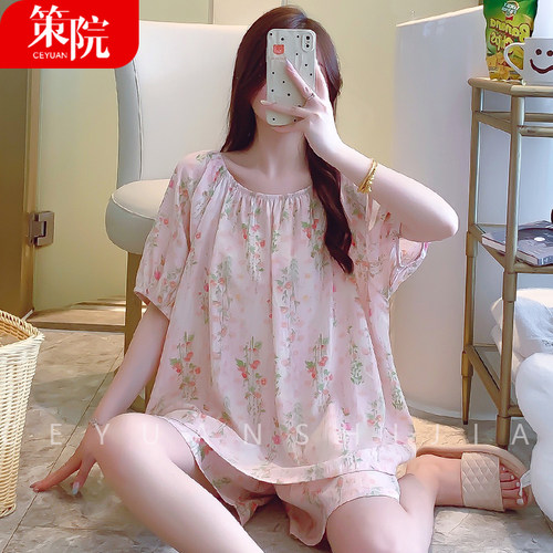夏季女士棉绸睡衣短袖短裤套装