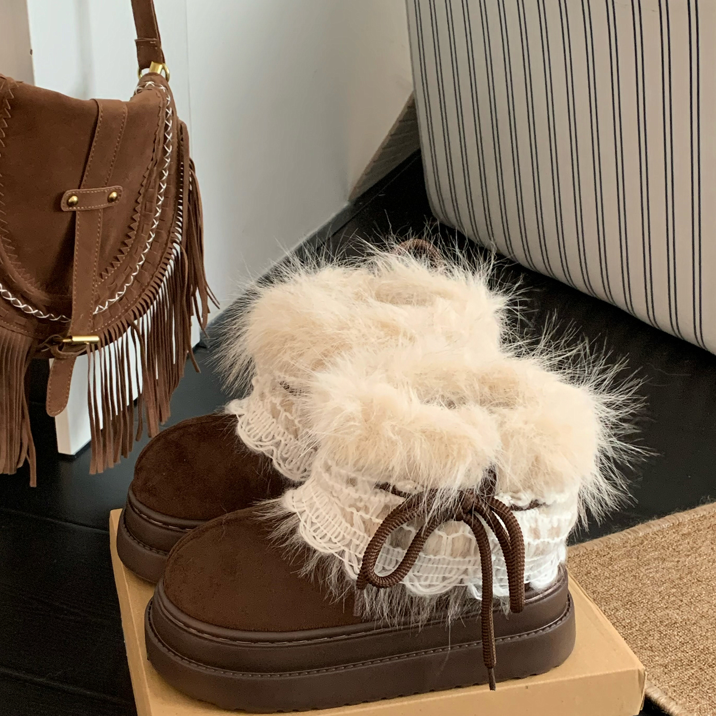 品牌清仓费尔岛毛毛雪地靴女冬季百搭增高厚底加绒保暖短靴子棉鞋