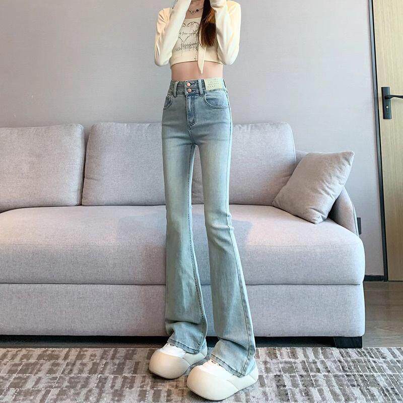 浅蓝色双扣微喇牛仔裤女小个子春秋新款高腰显瘦弹力窄版马蹄裤子