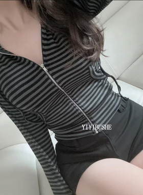 韩国代购正品PP090巨好看的早秋穿搭 女人味条纹长袖上衣短外套女