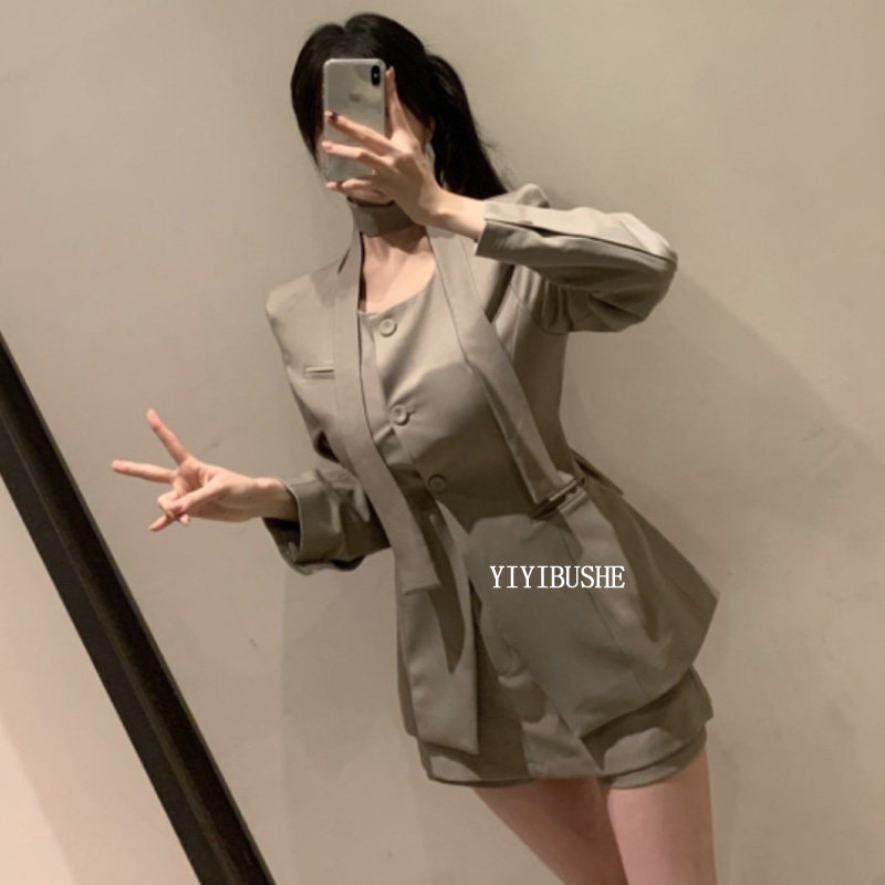 小翻领系带收腰西装裙裤套装
