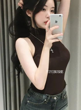 当天发 韩国代购正品PT056纯欲辣妹风 性感显身材紧身高领无袖t恤