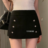 正品 LH211时尚 百搭 韩国代购 显瘦双排扣高腰A字毛呢半身裙裤