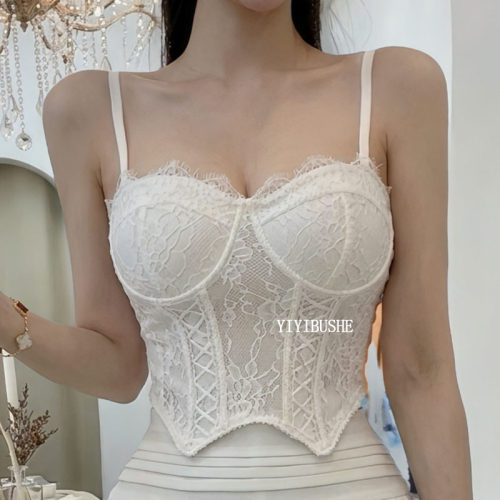 女人味带胸垫鱼骨蕾丝吊带上衣