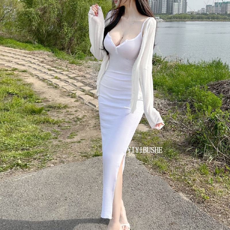 韩国代购正品LL152纯欲韩模感~性感显胸开叉包臀长款吊带连衣裙se