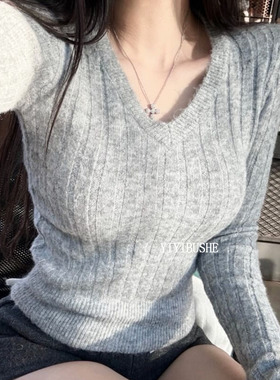 韩国代购正品 LS061简约显身材~性感女人味V领修身打底针织衫ly