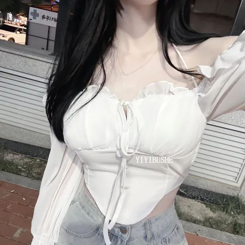 韩国代购正品EC180白月光氛围感~纯欲女人味露肩修身长袖衬衫上衣
