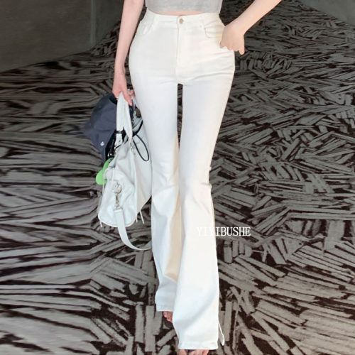 辣妹高腰开叉微喇薄款牛仔裤女夏