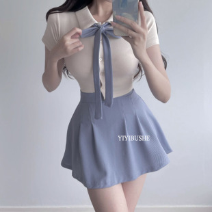 MO522性感 正品 减龄翻领飘带短袖 T恤 热销 A字短裙套装 韩国代购