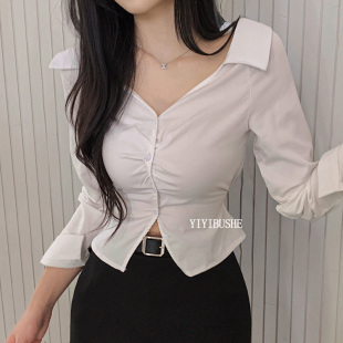 衬衫 韩国代购 特别漂亮掐腰显瘦翻领长袖 PU182高级感女人味 女 正品