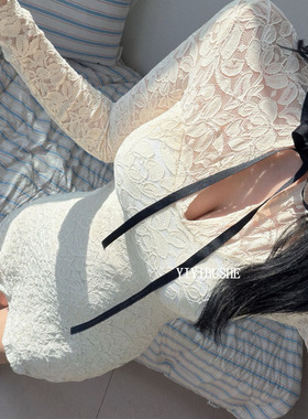 韩国代购正品 LS218名媛高级感~纯欲女人味系带收腰蕾丝连衣裙da