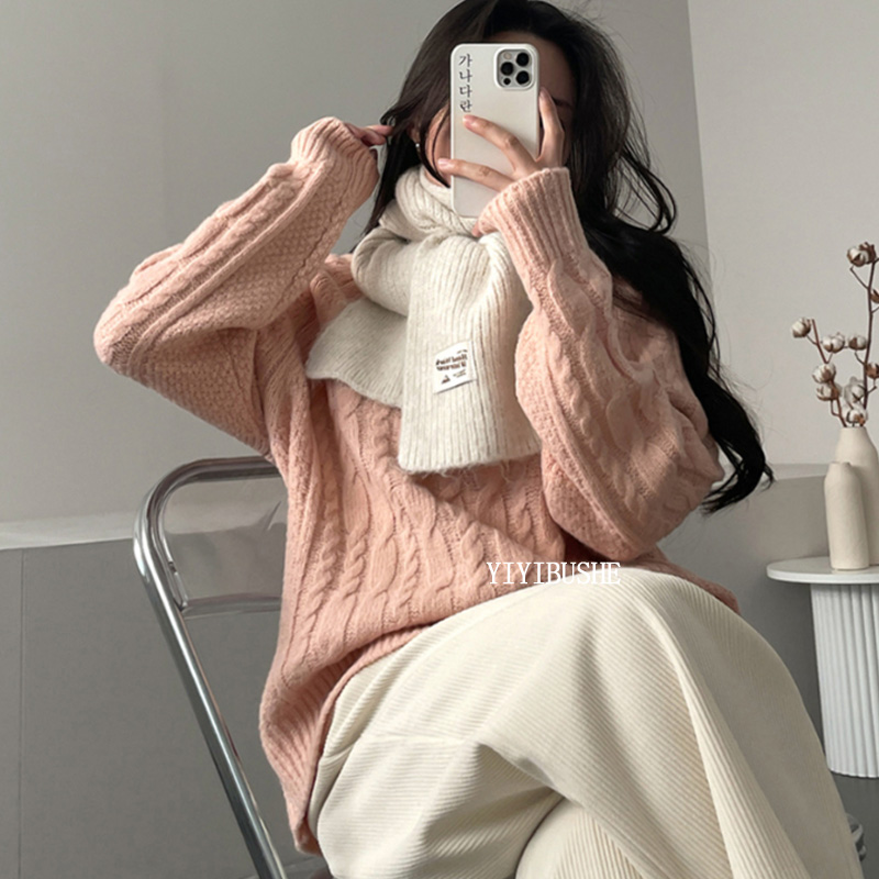 韩国代购正品PQ033减龄纯欲风 高级感麻花纹慵懒宽松长袖套头毛衣