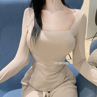 韩国代购正品ZQ032性感纯欲风 超低胸弧摆显腰身亲肤T恤+休闲裤