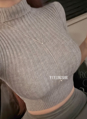 韩国代购正品 LU116甜辣显身材~性感女人味高领露腰短袖针织T恤rc