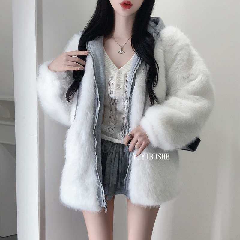 韩国代购正品PS201设计chao喜欢~高级感休闲连帽狐狸毛仿皮草外套,女装/女士精品,皮草,淘宝优惠券,粉丝福利购,淘宝优惠卷