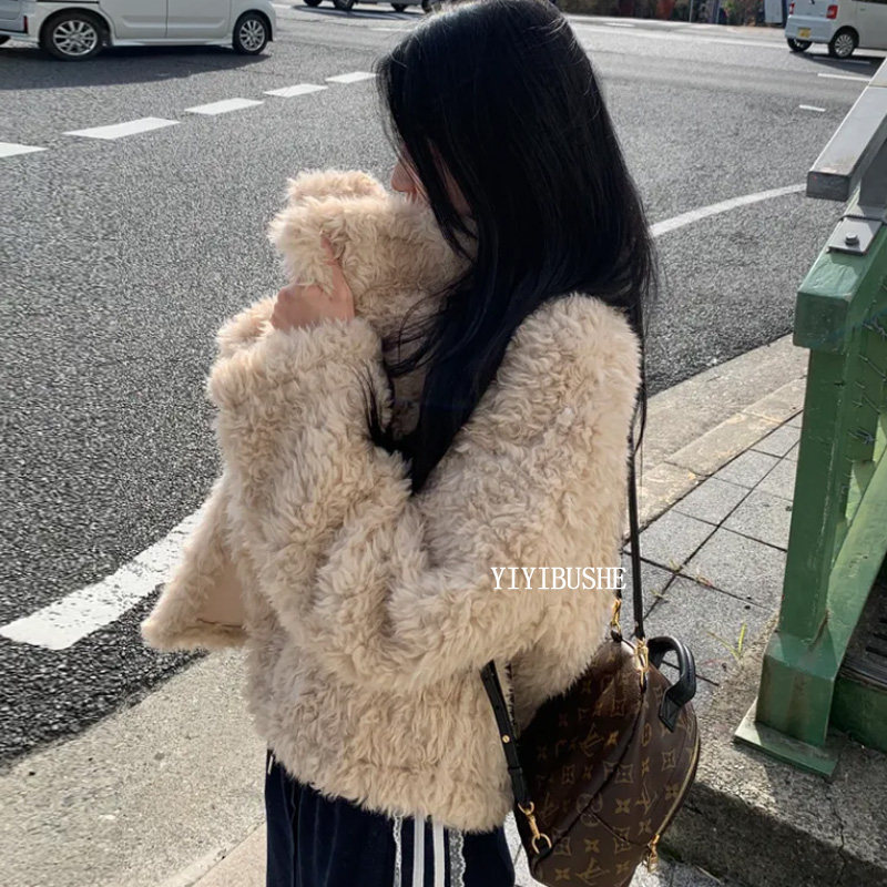 韩国代购正品PP118韩女秋冬穿搭 慵懒风皮毛一体羊羔毛仿皮草外套