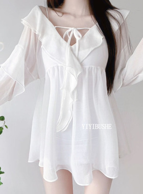 韩国代购正品 LZ239闺蜜同款~慵懒女人味V领系带荷叶边雪纺衬衫se