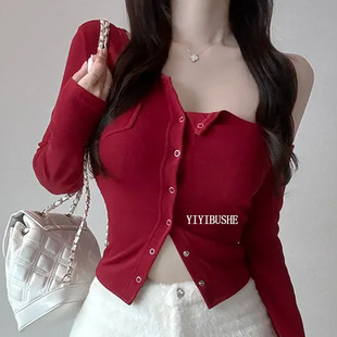 性感女人味露肩单排扣修身 LR529纯欲高级感 T恤上衣 正品 韩国代购