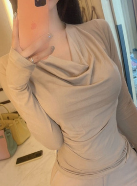 热销 韩国代购正品 QK377 性感 荡V领显身材舒适亲肤长袖T恤se