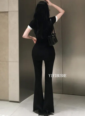 韩国代购正品PS102高级感女人味 自带丰胯显瘦黑色高腰休闲微喇裤