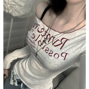 性感女人味露肩字母长袖 LU366韩系休闲风 T恤上衣 正品 韩国代购