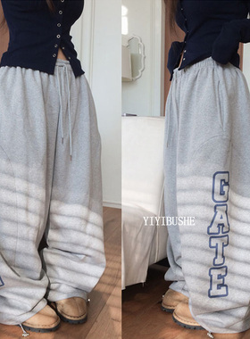 韩国代购正品PS210美式街头风 复古字母印花宽松拉绒阔腿休闲裤女