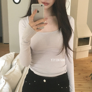 超漂亮显瘦掐腰大领口拉绒长袖 PR107秋冬巨好看 t恤 正品 韩国代购