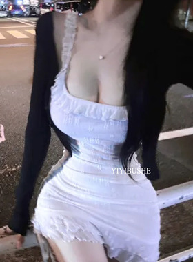 当天发 韩国代购正品 清纯小女人 性感纯欲荷叶边白色吊带连衣裙
