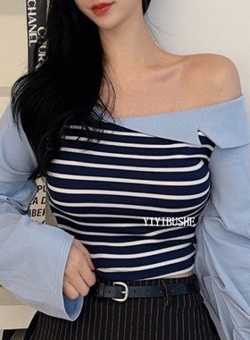 韩国代购正品 LT003撞色设计感~性感女人味露肩拼接修身衬衫上衣