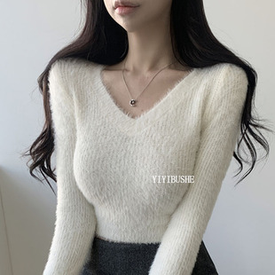 纯欲女人味V领露腰毛毛针织衫 LQ196韩系温柔风 上衣 正品 韩国代购