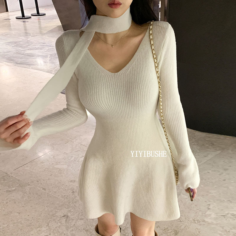 韩国代购正品 LS176巨好看的~纯欲女人味V领飘带掐腰针织连衣裙we,女装/女士精品,连衣裙,淘宝优惠券,粉丝福利购,淘宝优惠卷