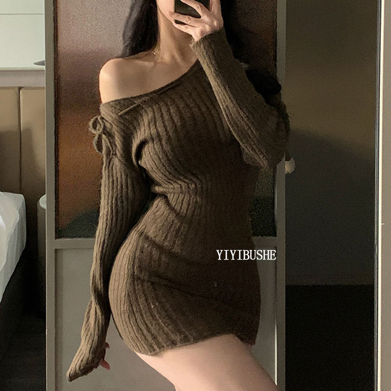 性感女人味斜露肩包臀针织连衣裙