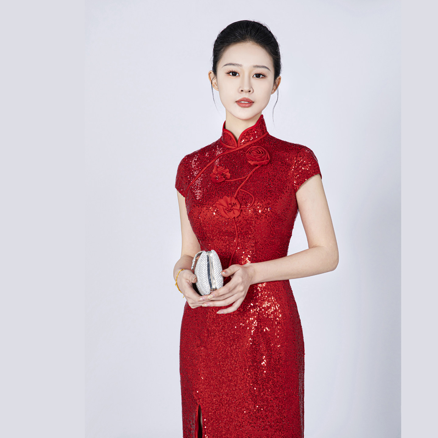 高领中式侧开叉礼服亮片短袖旗袍主持人演唱会派对喜婆婆敬酒礼服