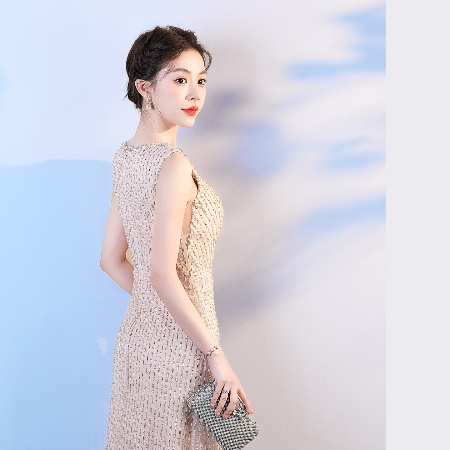 香槟色bling闪光绣珠背心款长款优雅主持人宴会生日派对礼服婚礼