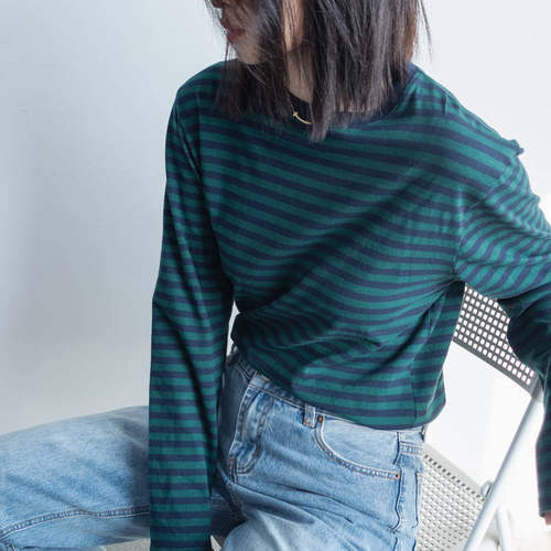 长袖简约常规条纹棉宽松墨绿色女