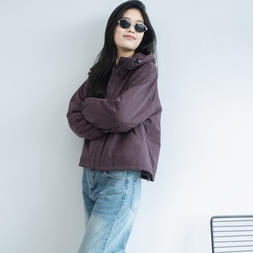 2025年秋冬新款简约韩版宽松显瘦连帽抽绳土紫色薄棉服外套上衣女